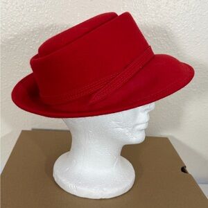 vintage red wool felt hat with a red velveteen hat band.